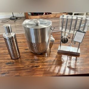 Bar tool set, ice bucket with scoop and cocktail shaker.